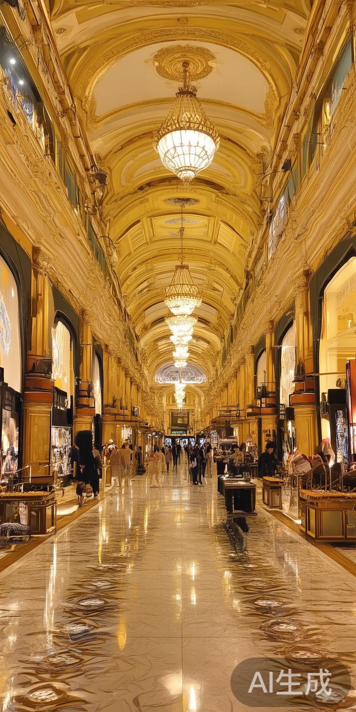 2.&nbsp;购物商场与餐饮区
漫步在威尼斯人内部的“黄