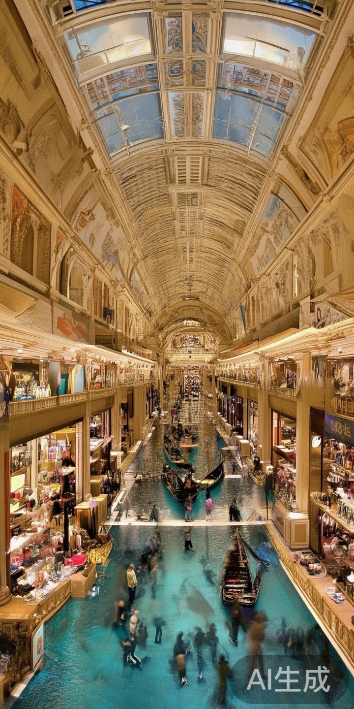 在威尼斯人内部，豪华的购物中心汇聚了众多国际品牌，